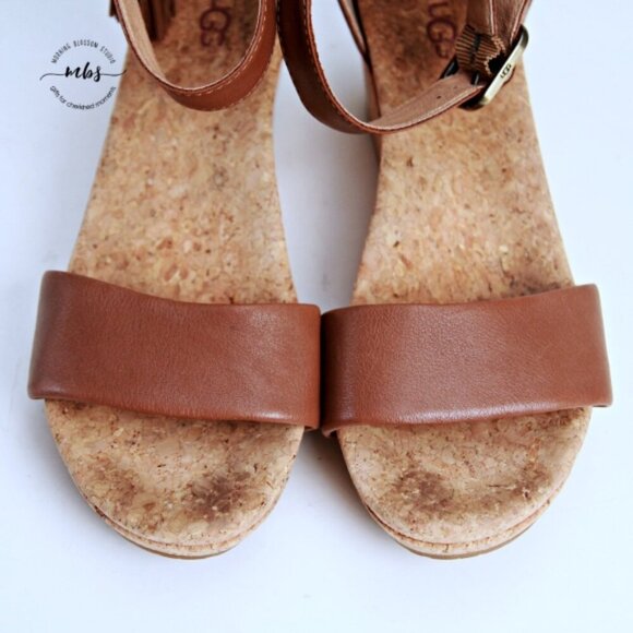 UGG Zoe Wedge Leather Tassel Sandals Chestnut Women 8 - Picture 8 of 13